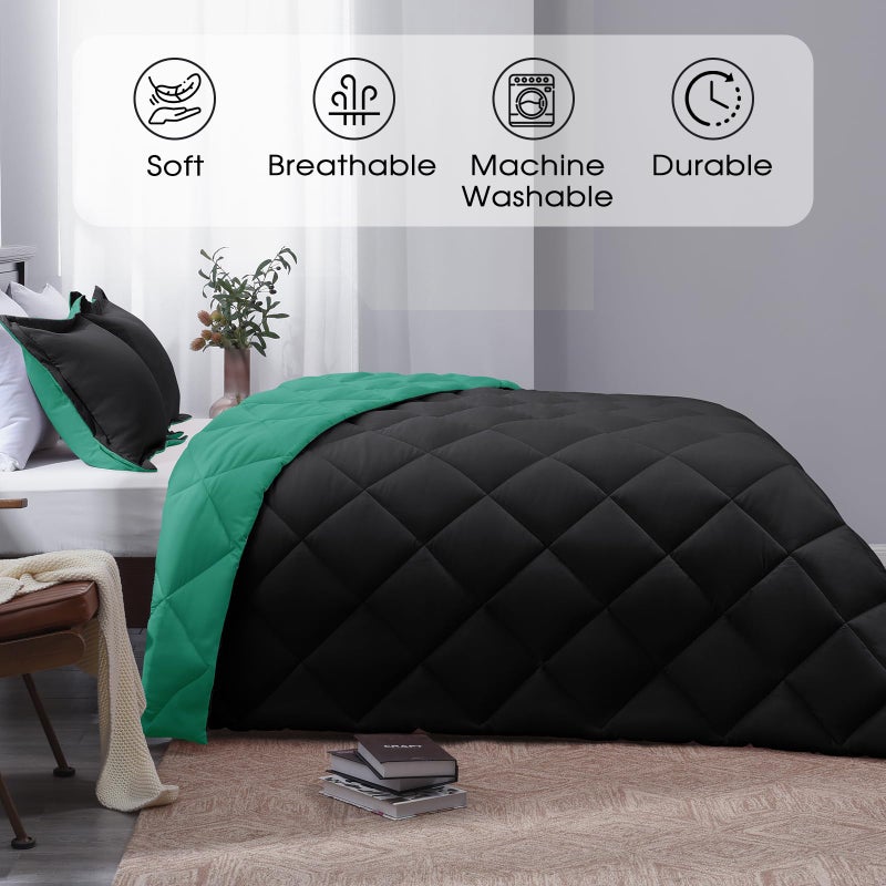 Basic Beyond Queen Comforter Set - Green Comforter Set Queen, Reversible Bed Comforter Queen Set for All Seasons, Black/Mint Leaf, 1 Comforter (88"x92") and 2 Pillow Shams (20"x26"+2") - Image 2